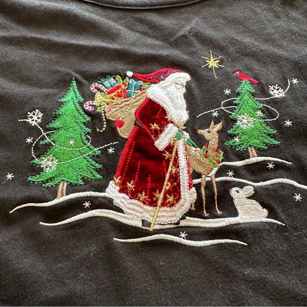Retro Christmas XXXL 3X Long Sleeve Shirt Black Santa Embroidered Forest